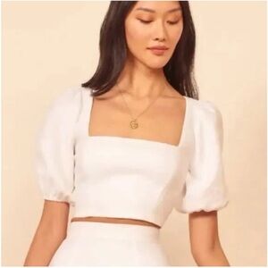 Reformation Yucca White Linen Square Neck Puff Sleeve Cropped Top Size 0 Blouse